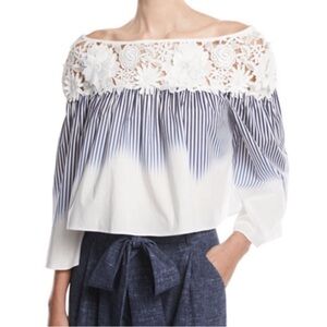 Milly Blue And White Striped Ombré Lace Off The Shoulder Coastal Swing Top Sz 6